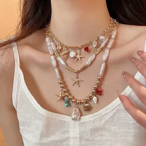 Western Seaside Vacation Multi Layer Starfish Shell Pendant Necklace For Women Alloy Artificial Pearl Colorful Stone Clavicle Chain Jewelry