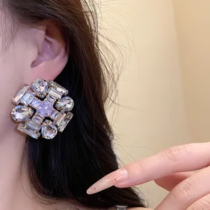 Macro view of luxurious S925 silver needle zircon cluster stud earrings for women