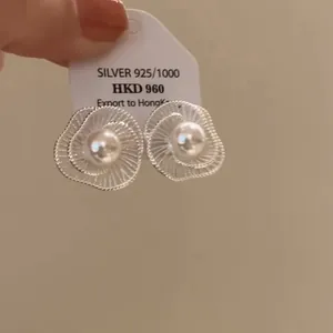 Detailansicht eleganter silberner durchbrochener Blumenohrstecker mit einer weißen Perle.