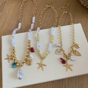 High-quality detailed view of nautical starfish and shell charm necklaces with baroque pearls