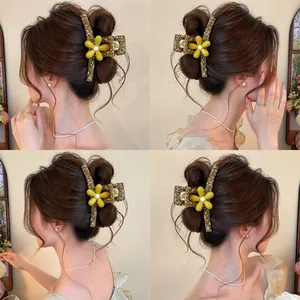 Women Forest Style Fabric Floral Print Hair Claw Clip Large Shark Clip With 3D Yellow Flower Artificial Pearl Hair Accessory