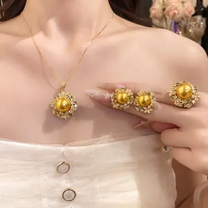 Vintage Gold Plated Artificial Pearl Zirconia Necklace Ring Stud Earrings Set For Women Retro Light Luxury Neck Jewelry