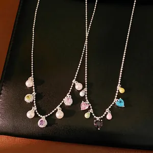 Luxury Copper Colorful Rhinestone Artificial Pearl Pendant Necklace Elegant Round Heart Charm Clavicle Chain For Women Jewelry