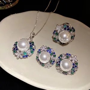Vintage 18k gold plated pearl and zircon jewelry set with necklace, ring, and earrings