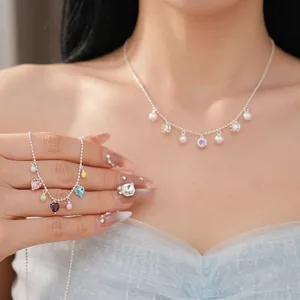 Colorful zircon heart and pearl necklace for women, dainty silver ball chain jewelry