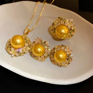 18K gold plated zircon pearl jewelry set with necklace ring and earrings in vintage style