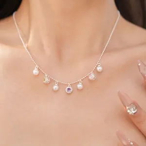 Elegant silver bead necklace featuring colorful zirconia and round pearls for women.