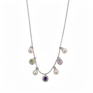 Elegant silver necklace featuring lustrous pearls and vibrant multi-colored zircon pendants