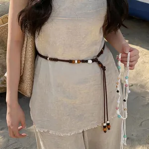 Bohemian Ethnic Style Leather Braided Waist Chain For Women Summer Beach Vacation Decorative Wood Bead Shell Beaded Waist Rope Belt