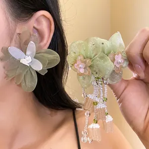 Pendientes de Botón con Borla de Perla Artificial y Flor de Chiffon para Mujer Poste de Plata Pendientes Largos Elegantes Joyas