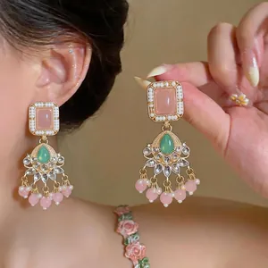 Vintage Rhinestone Resin Tassel Stud Earrings For Women Antique Gold Pink Green Resin Drop Earrings With 925 Silver Post