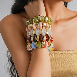 Vintage Acrylic Geometric Beaded Elastic Bracelet For Women European Fashion Irregular Chunky Marble Pattern Hand Jewelry Accessories