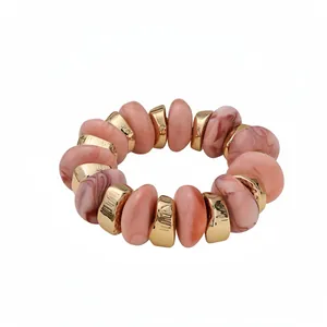 Irregular pink marble acrylic beads with gold geometric spacers elastic bracelet