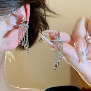 Zirconia Butterfly Water Drop Tassel Ear Cuff For Women Copper 925 Sterling Silver Post Clip Earrings No Piercing Jewelry