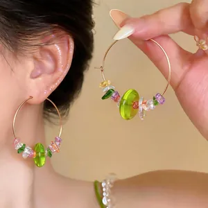 Fashion Resin Stone Beaded Hoop Earrings With 925 Sterling Silver Earring Post Summer Fresh Green Round Jewelry For Women
