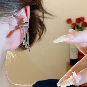 Elegant zircon butterfly tassel ear cuff for women, silver non-pierced fashion earring