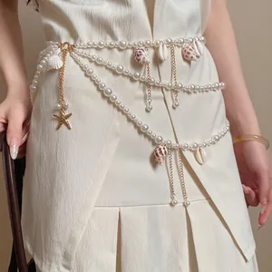 Multilayer Artificial Pearl Waist Chain For Women Gold Starfish Shell Conch Pendant Belt Ocean Vacation Retro Body Jewelry