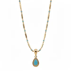 Collier élégant plaqué or 18 carats avec pendentif goutte bleue et chaîne perlée