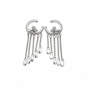 Elegant zircon butterfly ear cuffs with water drop tassel chains in silver finish.