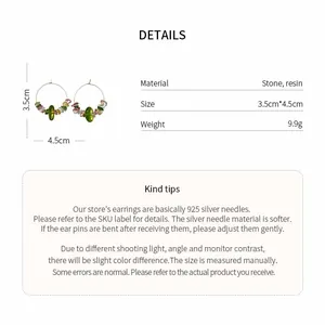 Product specification detail for resin and stone beaded hoop earrings with size and material