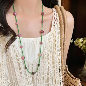 Mori style cat-eye stone beaded long necklace sweater chain for women fashion accessory