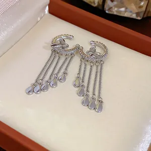 Elegant silver butterfly ear clips featuring zircon accents and long water drop tassel chains