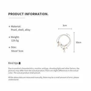 Detailed product information of the shell and pearl waist chain with size and material specs