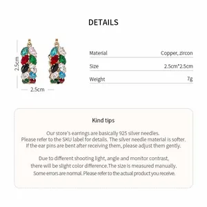 Detail view of colorful zircon earrings with dimensions and 925 silver needle info.