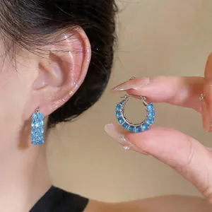 Macro view of blue zircon hoop earrings featuring a stylish wheat ear pattern design