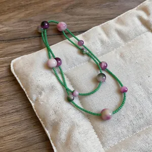 Mori style cat-eye stone beaded long sweater necklace with green and pink beads