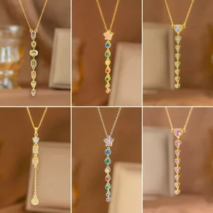 Collar de Borla en Y de Acero de Titanio con Circonia de Colores Collar con Colgante Geométrico de Corazón Estrella Joyería para Mujer