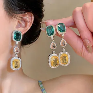925 Sterling Silver Post Zirconia Square Water Drop Tassel Earrings Vintage Ethnic Light Luxury High-end Copper Inlaid Zircon Dangle Earrings For Women