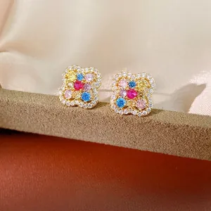 14K Gold Plated Copper Zirconia Flower Stud Earrings For Women Colorful Clover Earrings With Silver Earring Post Jewelry