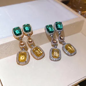 Vintage luxury emerald green and yellow zircon drop earrings with silver needle posts