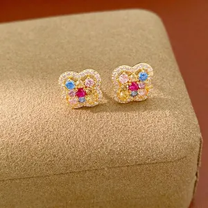 14K gold plated clover stud earrings with colorful zircons and flower design