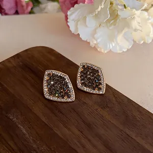 Elegant French retro geometric stud earrings with sparkling grey and white rhinestones