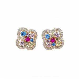 Elegant 14k gold plated four-leaf clover stud earrings with vibrant colorful zircon crystals