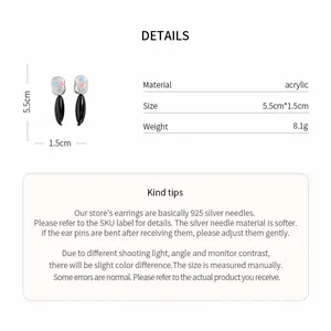 Macro view of acrylic flower earrings with detailed size and material specifications
