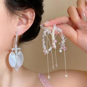 925 Sterling Silver Earring Post C-Shape Cross Shell Zirconia Dangle Earrings For Women Light Luxury Tassel Ear Jewelry