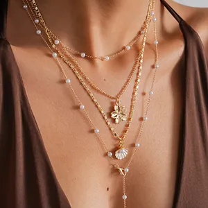 Bohemian Alloy Artificial Pearl Flower Shell Pendant Necklace For Women Beach Vacation Resort Style Multi-layer Jewelry