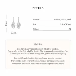 Detailed specifications and material info for shell zircon tassel earrings with 925 silver needles.