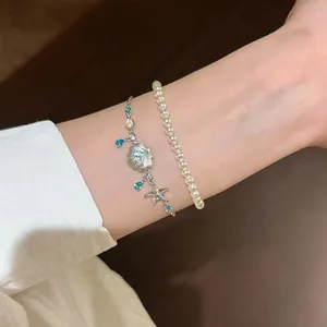 Vintage Gebürstet Kupfer Muschel Seestern Armband Blau Zirkonia Künstliche Perle Damen Elegant Ozean Schmuck