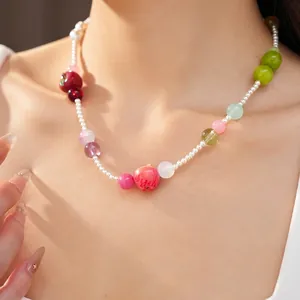Resin Colorful Apple Pendant Necklace For Women Sweet Cute Artificial Pearl Beaded Clavicle Chain Summer Vacation Style Jewelry