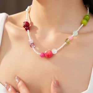 Colorful resin apple bead necklace for women with a sweet summer vacation style.
