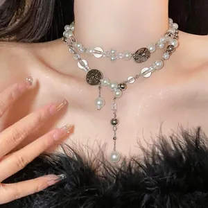 Vintage Luxury Artificial Pearl Iron Chain Necklace For Women Retro Glass Bead Round Pendant Floral Relief Choker Jewelry Gift