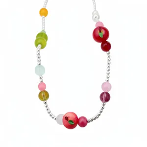 Sweet resin colorful apple necklace with silver beads for girls summer vacation style
