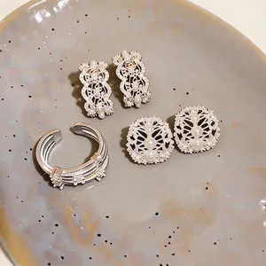 Luxury silver plated zircon hollow jewelry set with pearls, earrings and open ring