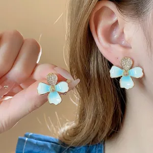 18K Gold Plated Blue Enamel Flower Stud Earrings For Women Sweet Zirconia Floral Earrings With 925 Sterling Silver Post High-End Jewelry