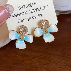 Elegant 18k gold plated flower stud earrings with S925 silver needle and zircon accents