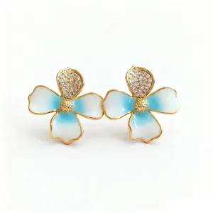 Elegant 18k gold plated flower stud earrings with zircon stones and blue white enamel detail